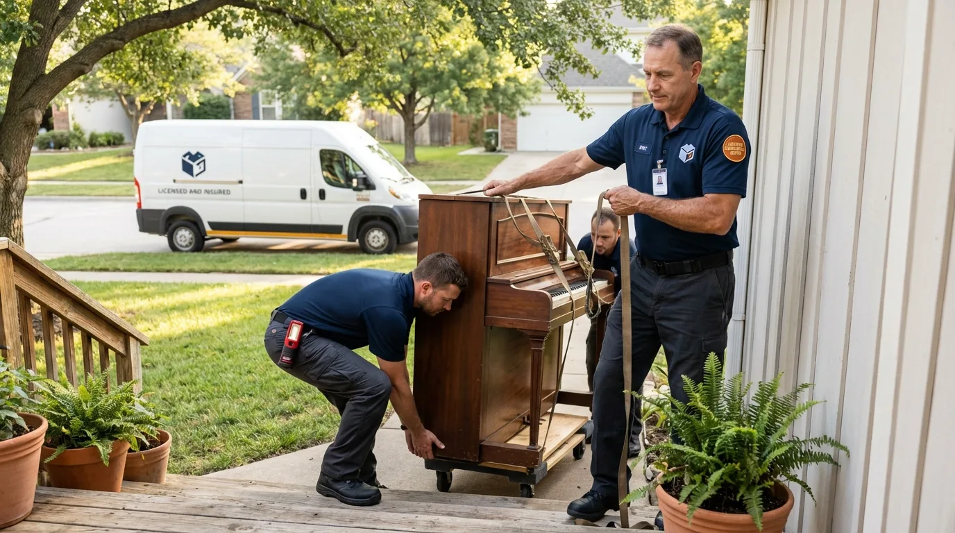 Licensed piano movers securing grand piano in Lake Forest, IL