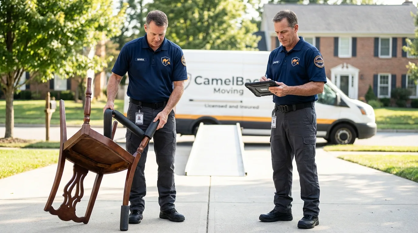Movers inspecting furniture for damage prevention before loading in Lake Forest, IL