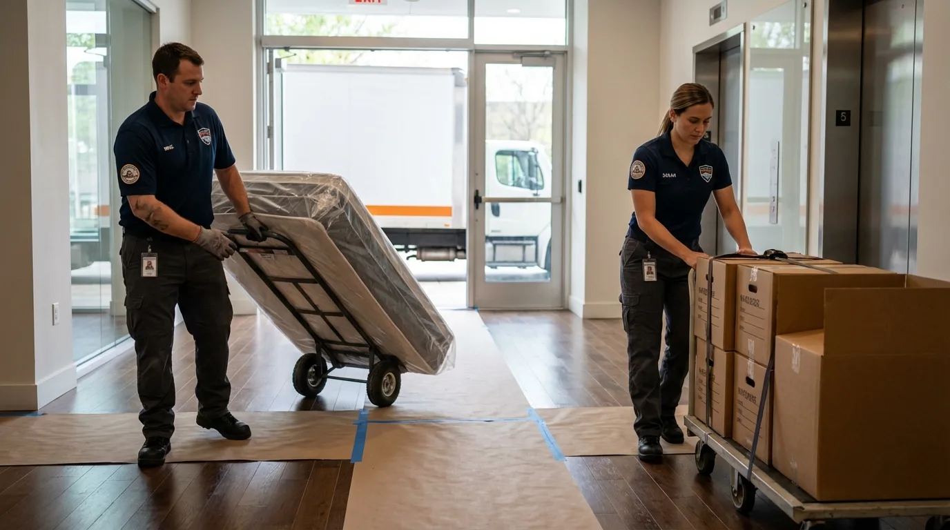 Professional apartment movers loading elevator in Lake Forest, IL