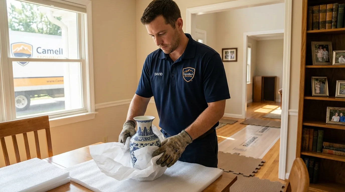 Professional crew carefully wrapping antique vase for senior downsizing move in Lake Forest, IL